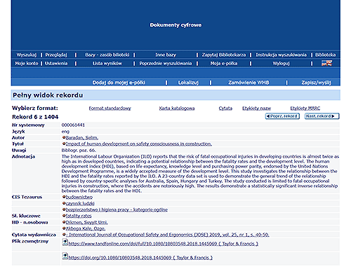 Strona internetowa bazy dokumentów elektronicznych w katalogu Biblioteki