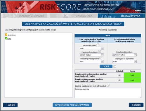 Formularz interaktywnej aplikacji do oceny ryzyka zawodowego z wykorzystaniem  metody RiskScore pn. Ocena ryzyka zagrożeń występujących na stanowisku pracy